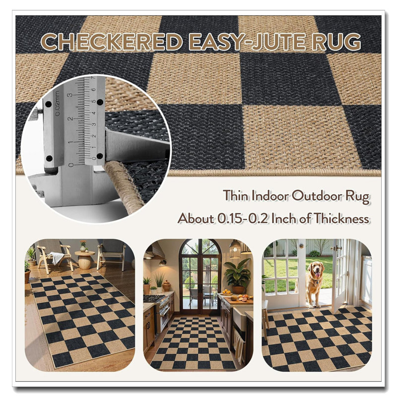 Checkerboard Easy Jute Carpet 3X5, Washable Non-Slip Farmhouse Neutral Rug, Indoor Outdoor Patio Entryway Living Room Bedroom Classroom Black Mat