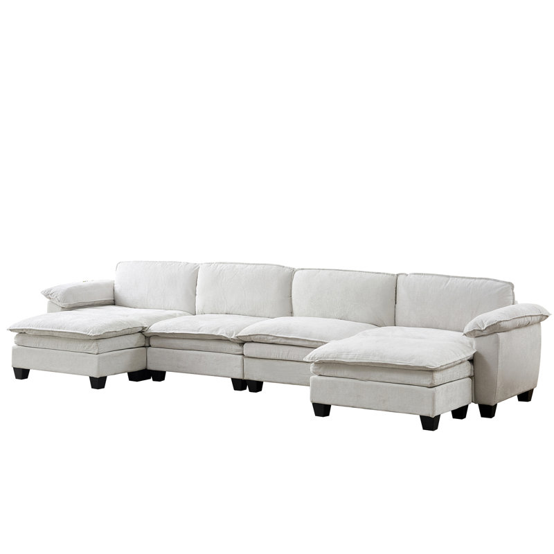 Living Room Furniture Sofa Luxury Couch Four Seater With Two Ottomans Soft Chenille Upholstered U Shape Sofa Beige, Beige