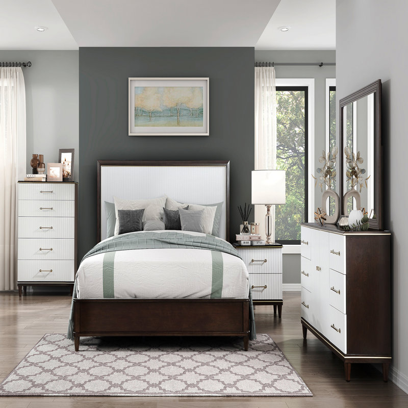 Commode contemporaine blanche et cerisier 1pc avec 6 tiroirs et 2 tablettes, meubles de chambre à coucher modernes avec finition dorée à 2 tons
