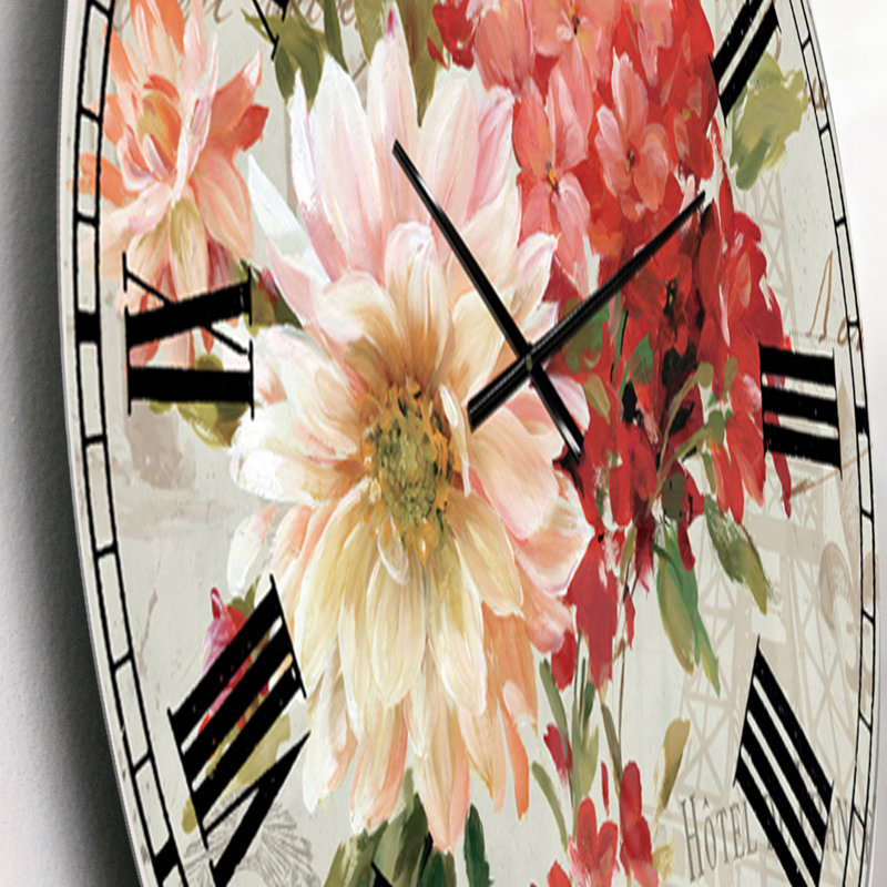 Fleurs rouges peintes sur une carte postale rétro I - horloge murale traditionnelle, Petit