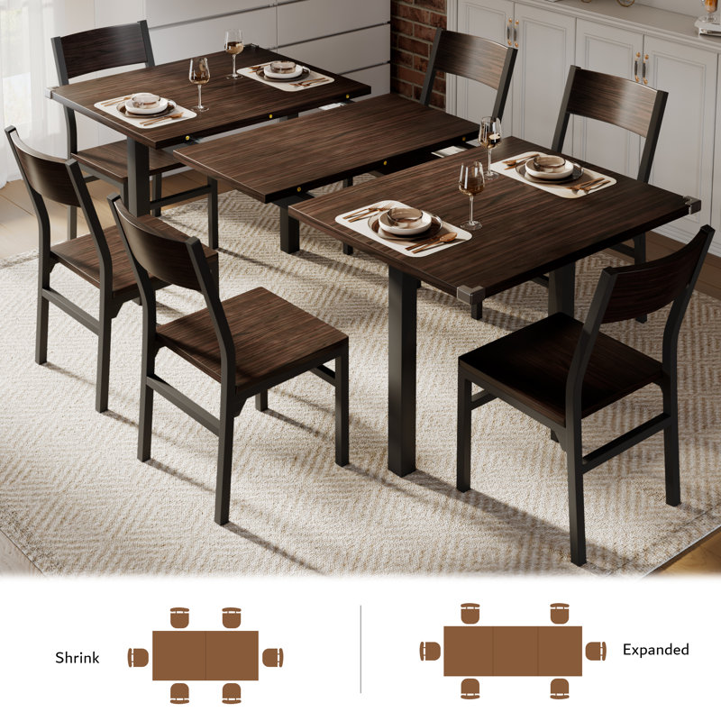  7-piece Dining Table Set With 6 Chairs, 63" Extendable Kitchen Table & Chairs Set For 4-6, Dining Room Table With Metal Frame & Mdf Board, Perfect For Small Apartment Saving Space,easy Clean