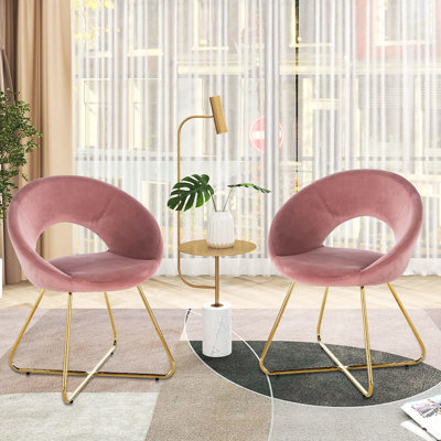 Mid-century Living Room Chair - 2 Pink Velvet Arm Chairs With Golden Metal Frame Comfy Upholstered For Home Decor Of Modern Accent Leisure And User- D