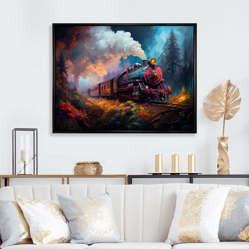 "Steamtrain Travelling In The Sunset", reproduction d'art sur toile, H 34 po x l 44 po, Cadre flottant noir