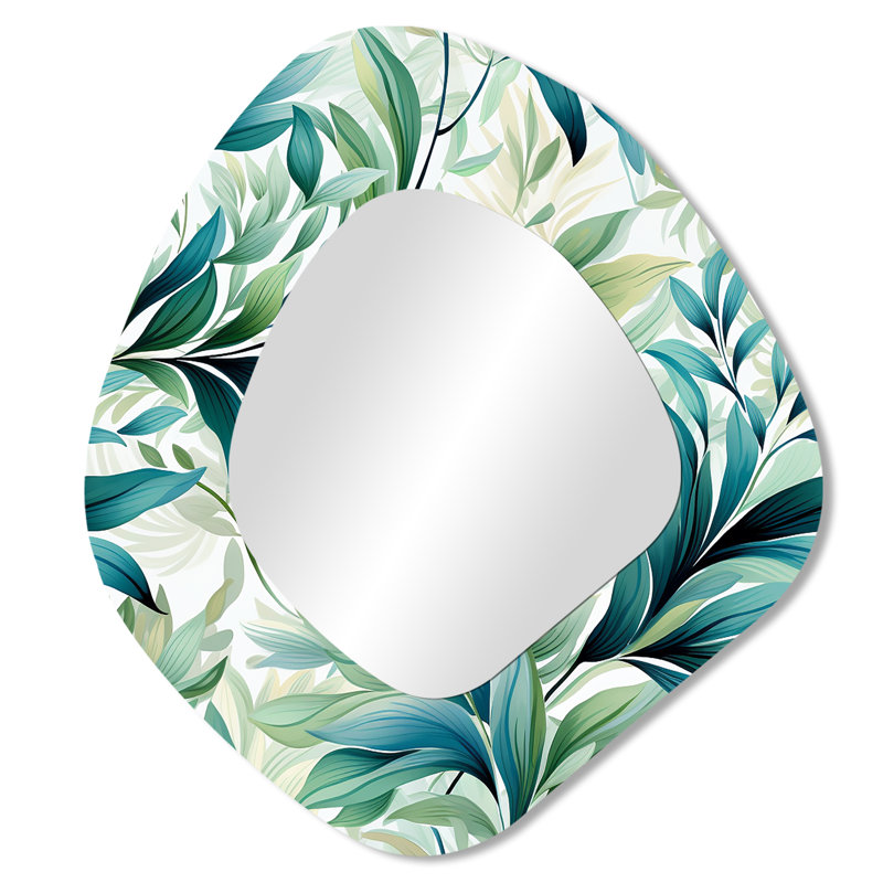 Océanique feuillage botanique motif II - grand miroir mural asymétrique tropical, miroir décoratif de forme unique vert, impression d'art en métal