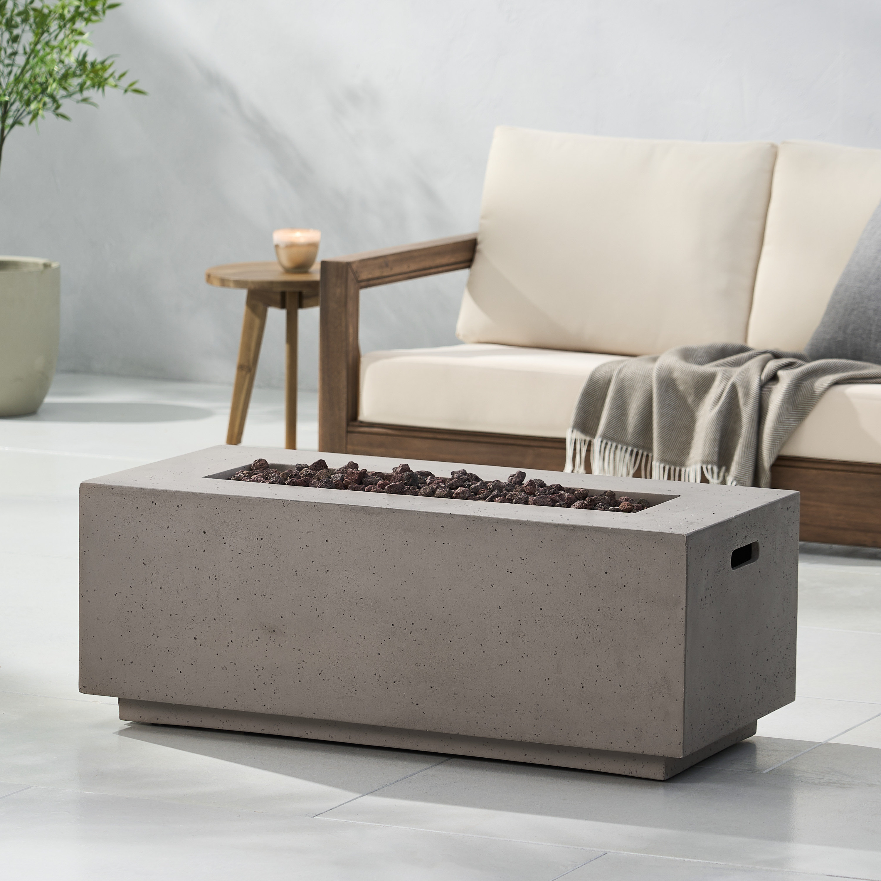 Outdoor Propane Fire Pit, 40 Inch Concrete, Lava Rocks, Light Grey