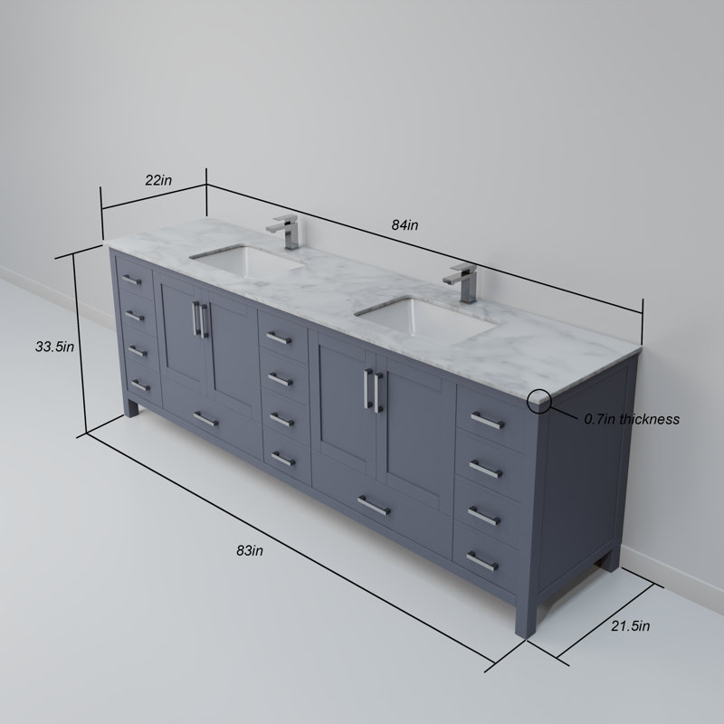 Meuble-lavabo double l 84 po x P 22 po et miroirs 34 po., Gris foncé, Marbre de Carrare blanc