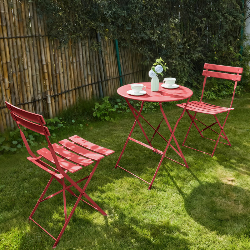 Iron Table And Folding Chair Set, 2 - Person Round Outdoor Dining Set, Red