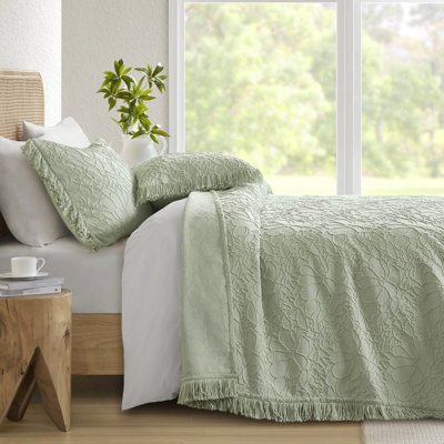 3 couvre-lits très grand, floral élégant, couvre-lit en chenille, bord frangé, mélange de coton, doux et respirant, par tous les temps, grande taille, sensation de confort, qualité pelucheuse, lavable à la machine, abat-jour sauge