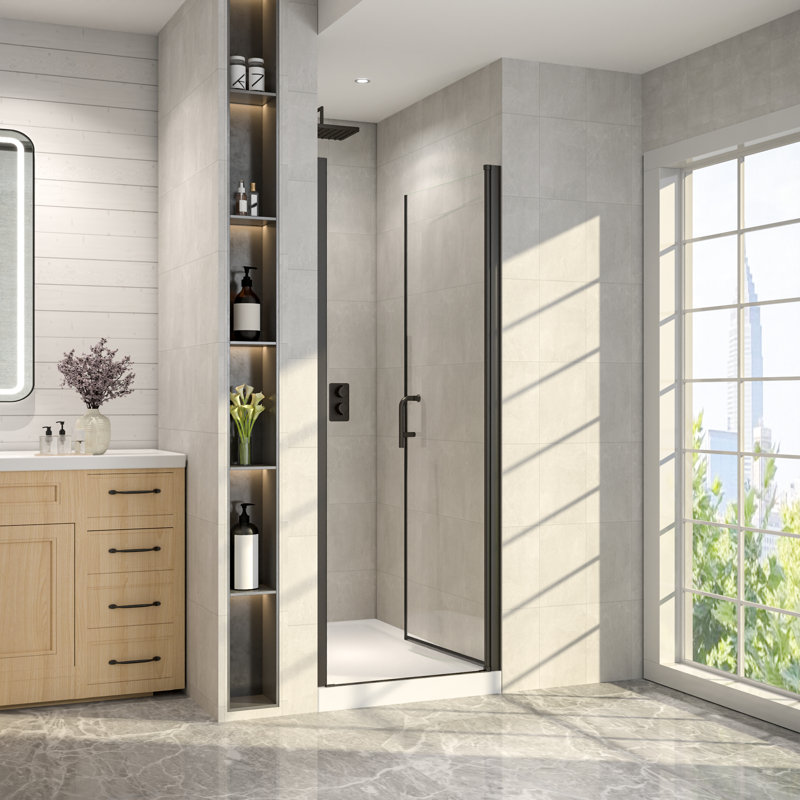 Porte de douche pivotante 24 po x 26 po x H 72 po avec demi-cadre et verre transparent, Matte Black