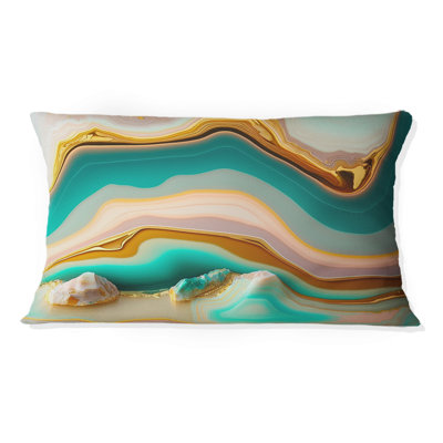 Liquid Art Gold Blue Turquoise Agate I - Abstract Shapes Printed Throw Pillow