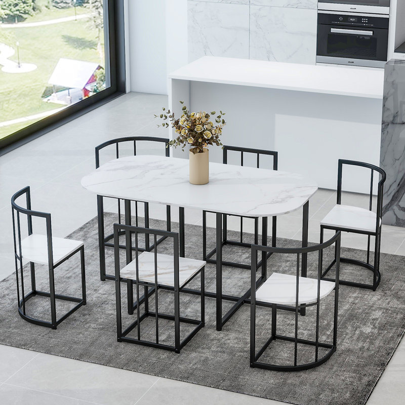 Ensemble de table de salle à manger 7 pièces Modern, Blanc/Noir, Blanc/Noir