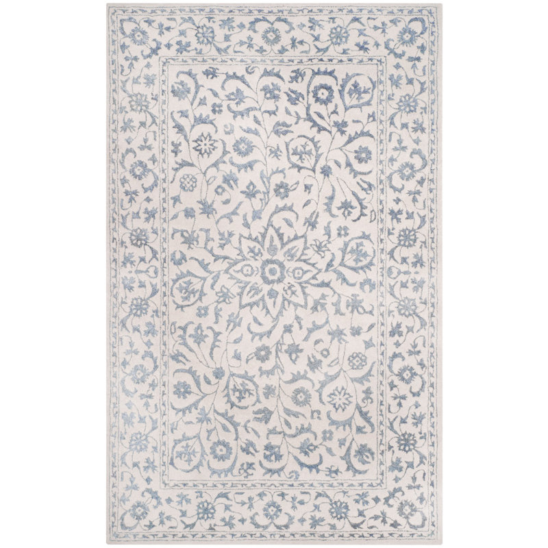 Tapis oriental en viscose / laine touffeté à la main en argent / ivoire Daphne, Rectangle 9 pi x 12 pi