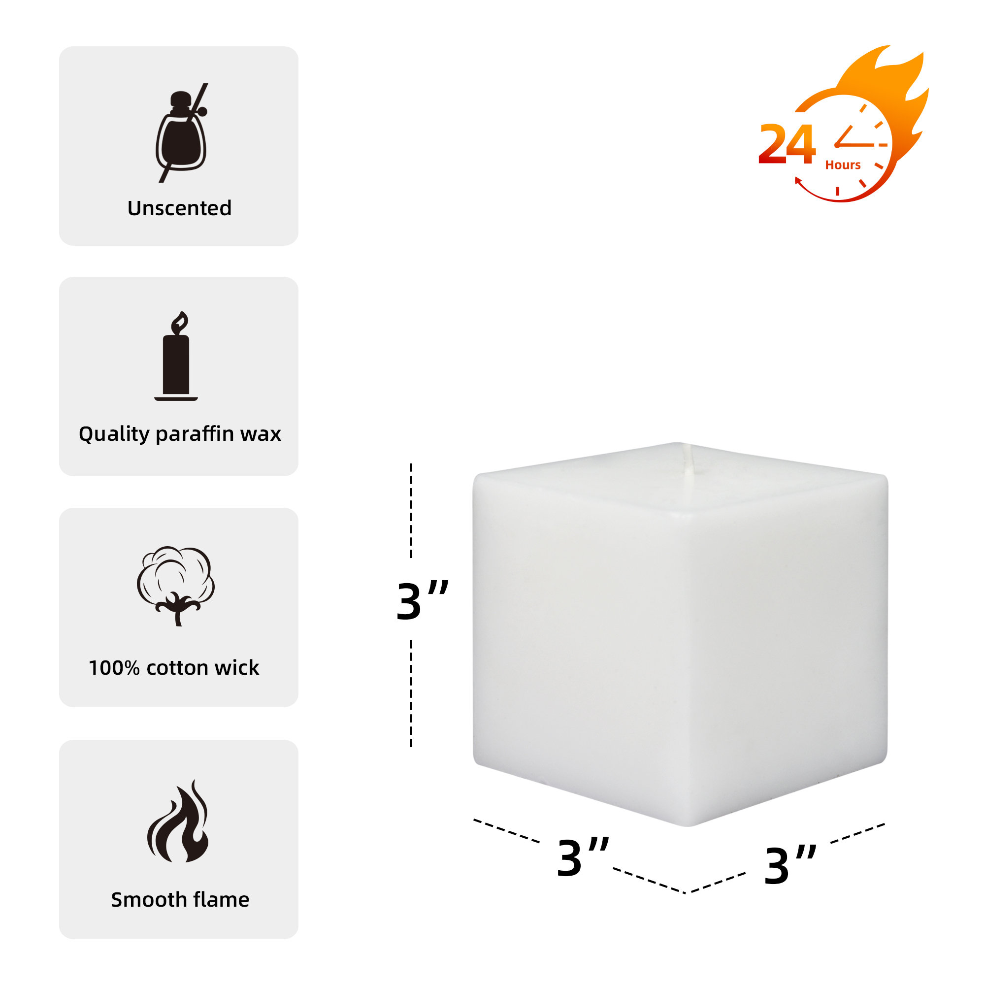 Square Pillar Candle, Set of 12, White, 3" H x 3" W x 3" D