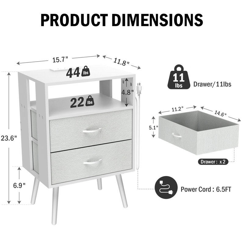 Ensemble de 2 tables de chevet modernes avec station de charge, tables de chevet avec éclairage DEL et tiroirs en tissu