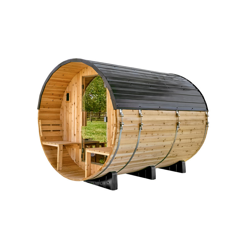 Backyard Discovery Paxton 4-6 Person Traditional Cedar Outdoor Barrel Sauna with Porch, 9kW Electric Heater, Wi-Fi Control, LED Lights
