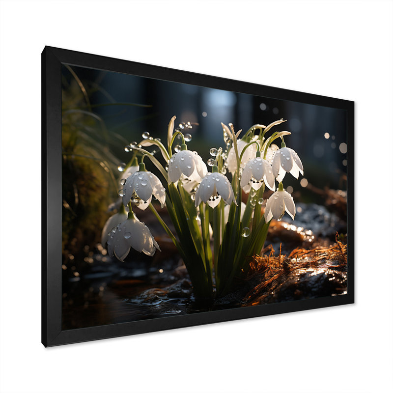 " White Snowdrops Field II " Mixed Media Print, 34" H x 44" W x 1.5" D, Black Picture Framed