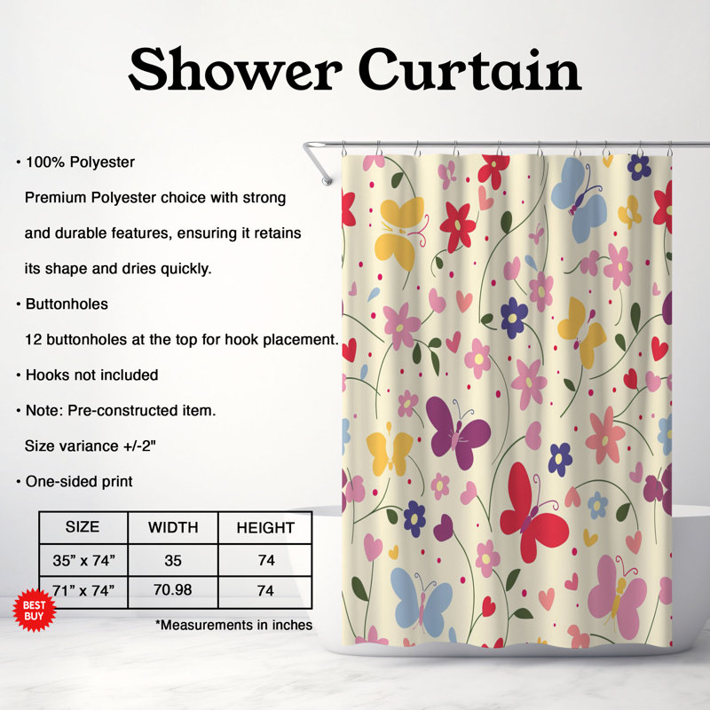 Heart Butterflies - Rideau de douche Premium, H 74 po x l 71 po