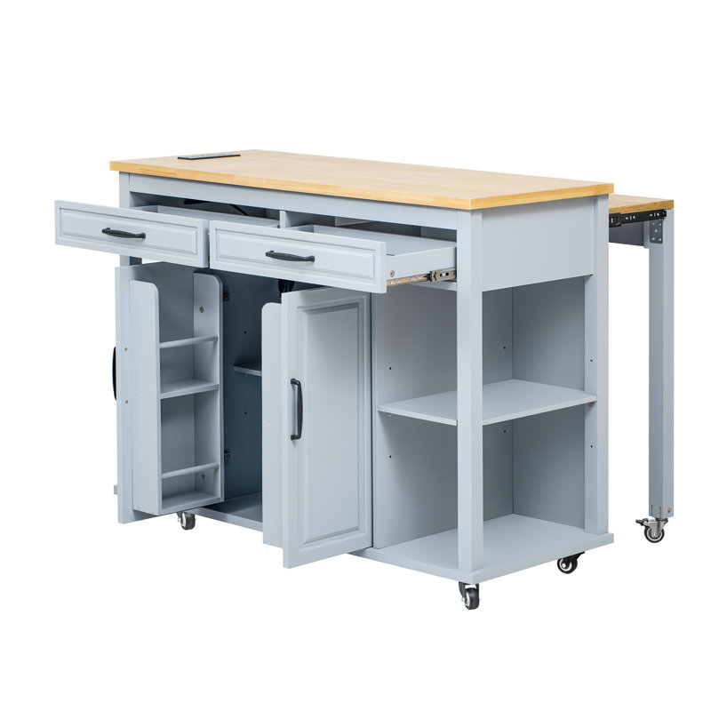 Kitchen Island With Rubber Wood Veneer, Extendable Table, 2 Drawers, Cabinets, Internal Storage Rack, Power Outlet, 6+2 Wheels, Mobile Design In Grey Blue, Ample Storage, Full - Extension Rail, Ac