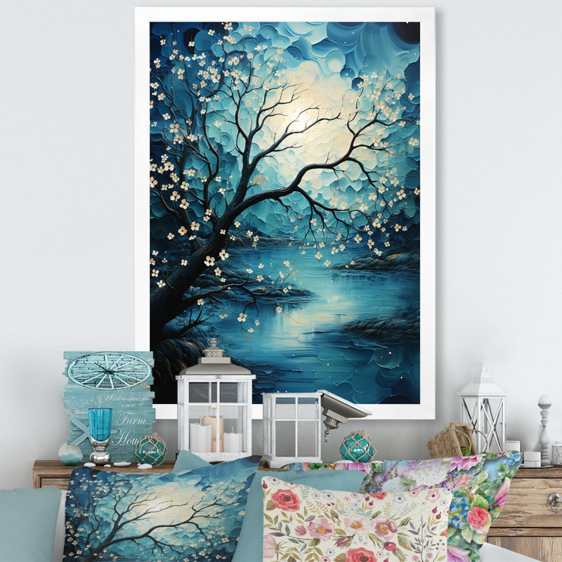 Clair de lune azuré, rivière mystique I sur toile, H 32 po x l 16 po x P 1 po, Cadre photo blanc