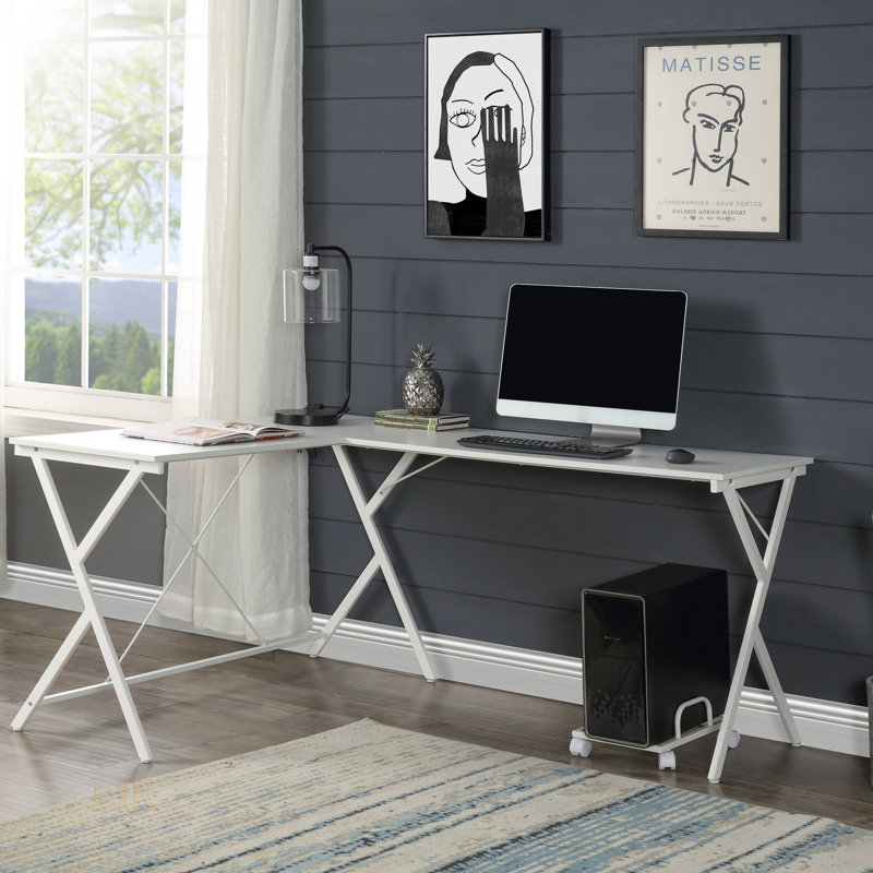 Bureau d'ordinateur en L à finition blanche Dazenus avec structure en métal robuste et surface de travail spacieuse pour les espaces compacts
