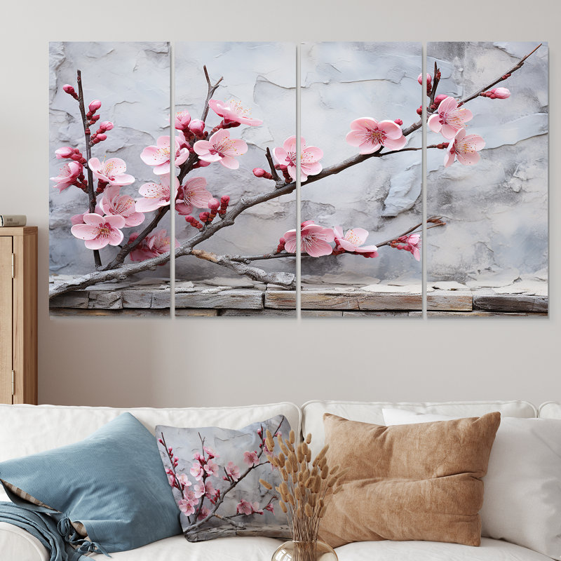 «Pink Cherry Blossom End Of Winter Blooms I», art mural 4 pièces, H 28 po x l 48 po