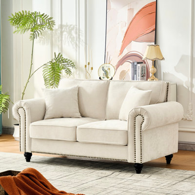 63 - Inch 2 Seater Chenille With Rolled Arms, Wood Legs And Nailhead Trim In Beige For Living Spaces, High Density Foam Filler, Soft Velvet Fabric, Solid Structure, Curved Armrest Design, Medium