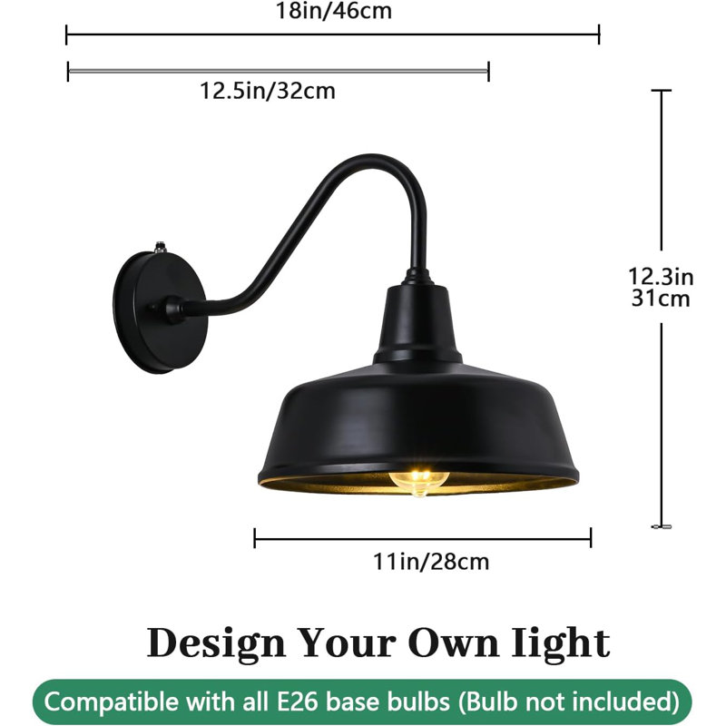 Briannia Gooseneck Black Barn Wall Light, 12.3"H x 11"W x 18"D