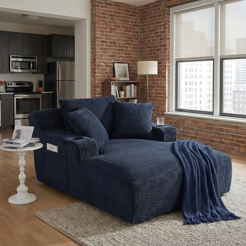 Boneless Oversized Chaise Lounge Chair - Upholstered Couch Cloud Boneless Chair,Deep Seat Sleeper Sofa with Cup Holders and Side Pockets,Comfy Reading Chair for Living Room