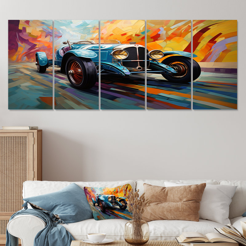 Ensemble de 5 reproductions d'art murales bleues et jaunes, "Race Tracks II", H 28 po x l 60 po