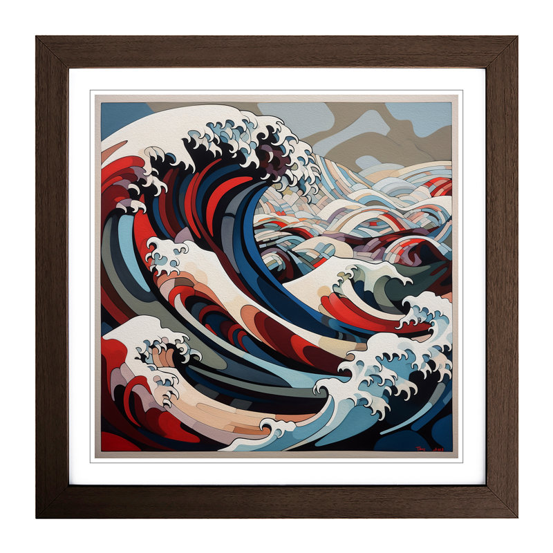 Japanese Wave Cubism No.2 - Single Picture Frame Print on Wood, Walnut