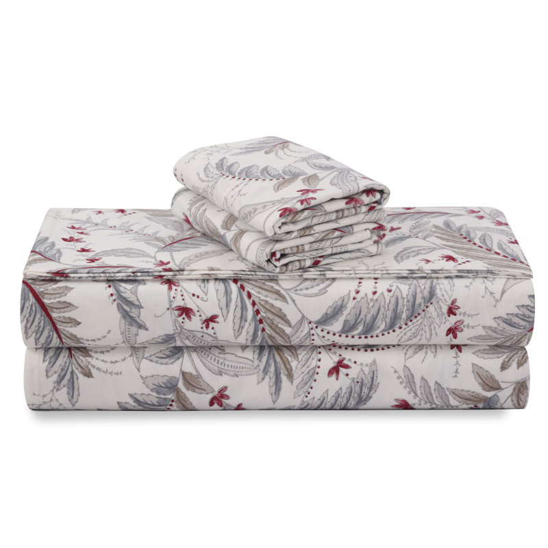 Flannel Paisley Sheet Set, California King Sheet Set with 3Additional Pieces, White/Gray/Red Floral