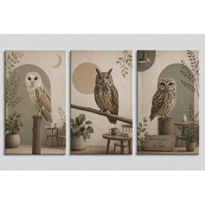 Impression d'art sur toile grand hibou, ensemble de 3 affiches neutres d'oiseaux de la forêt pour la chambre à coucher, décoration sur toile 16 x 24 pouces - prêt à accrocher