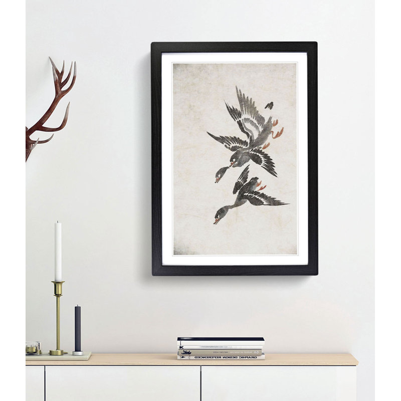 Wild Geese in Flight by Bian Shoumin - Framed Print, 48cm H x 36cm W x 2cm D, Black Framed