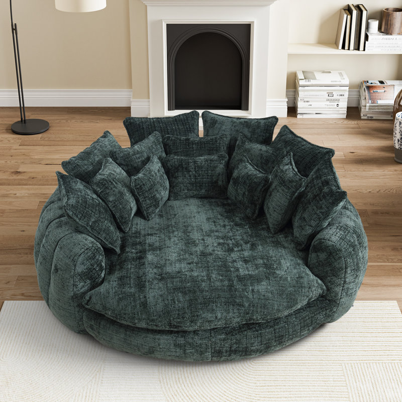 Oversized Compression Bean Bag Sofa - Large Round Loveseat With Pillows, Green Chenille