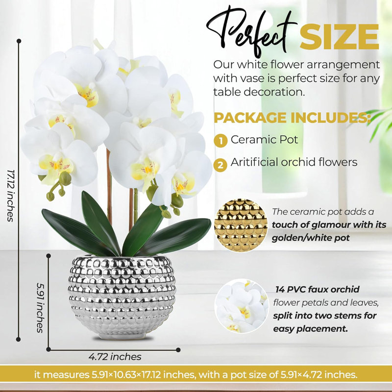 Large White Artificial Orchids With Gold Pot