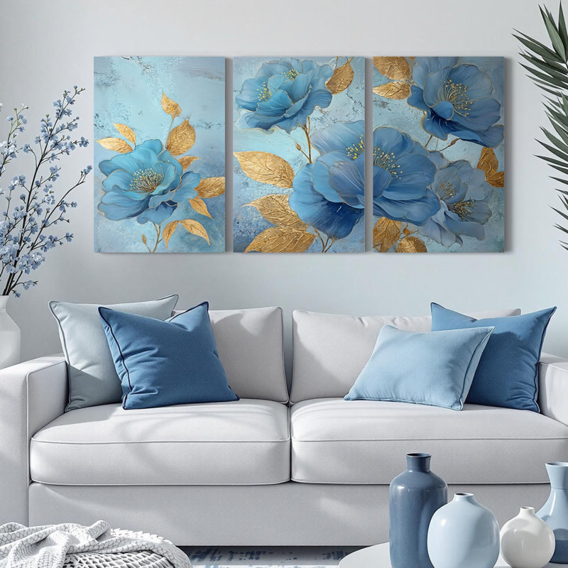 Art mural bleu floral sur toile - 3 pièces de feuilles d'or, décoration intérieure moderne, H 12 po x l 24 po