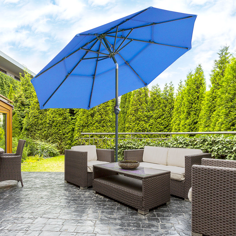 Parasol de patio à 3 niveaux avec manivelle et bouton poussoir inclinable, Bleu