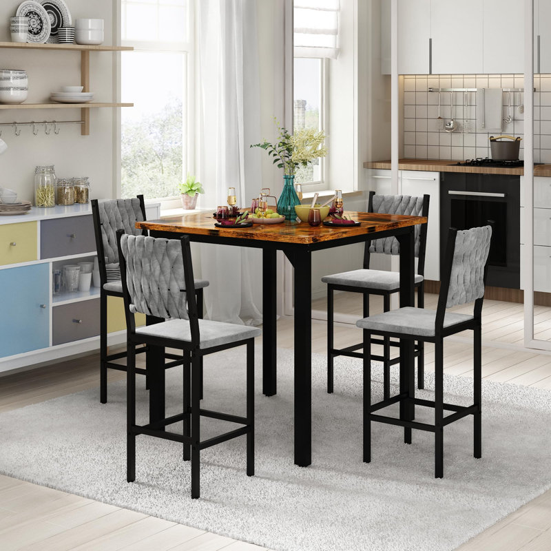 Table et chaises de salle à manger 5 pièces, 1 table à hauteur de comptoir et 4 tabourets de bar, ensemble de meubles de cuisine moderne, équipé de chaises rembourrées, table de salle à manger compacte avec une texture semblable au marbre, convient aux meubles de salon, de bar et de cuisine