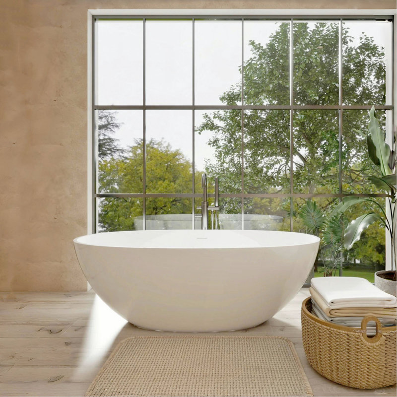 Baignoire autoportante de 65 po à surface solide, baignoire autoportante en résine de pierre de luxe fabriquée à la main avec trop-plein et bonde escamotable, blanc brillant GF-24S06-65GW