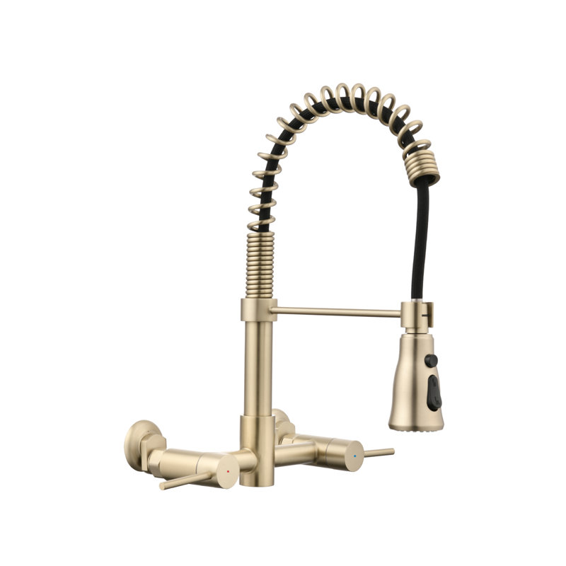 Durable Stainless Steel Wall-mounted Kitchen Faucet With 3 Functions And High Arc Spout, Brushed Gold