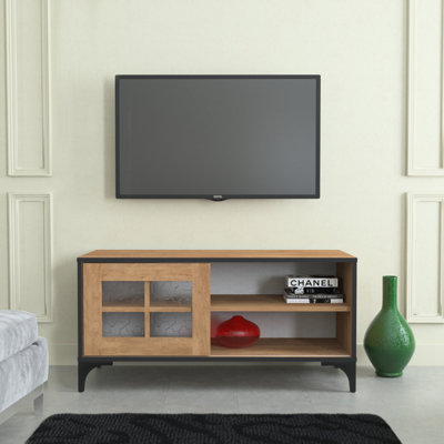 Meuble télé moderne avec pieds en métal, finition chêne, 39,4 po x 21,3 po x 16,5 po | 100% panneau de particules enduit de mélamine, épaisseur: 0,7 pouce | Conception élégante et durable pour le salon et les espaces de divertissement