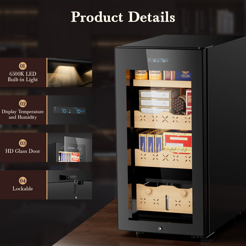 85L Electronic Cigar Humidor, 700-Count Capacity, Stainless Steel Lockable Cabinet with Digital Temp/Humidity Control