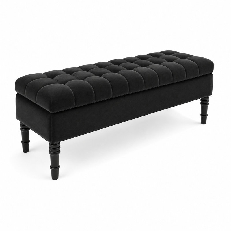 Cubed Tufted Rectangle Ottoman Storage Bench, Upholstered Plush Velvet Shoe Bench with Black Turned Wooden Legs, Black Plush 