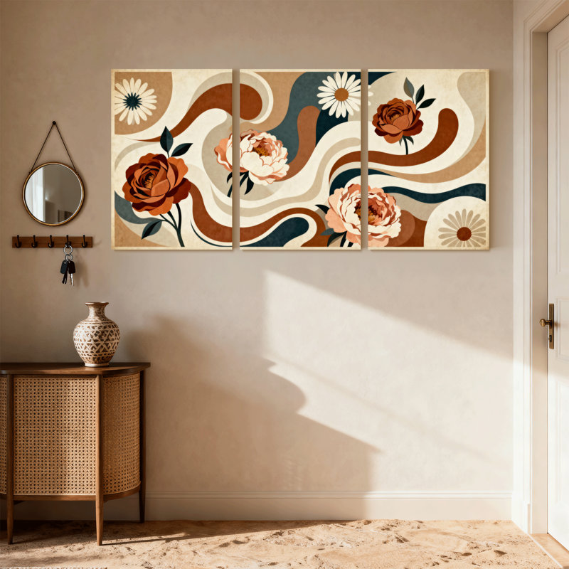 Plantes et fleurs, vagues florales, art abstrait, ensemble de 3 impressions sur toile, H 24 po x l 48 po