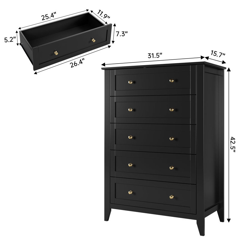 5-Drawer Tall Dresser with Deep Drawers & Metal Knobs, Modern Wood Chest, Black