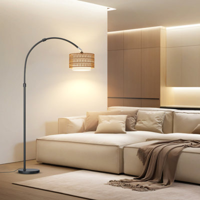 Lampe sur pied Arc Bohemian avec abat-jour en rotin, éclairage intelligent à intensité variable et télécommande