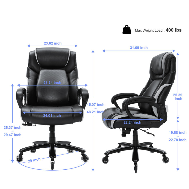Fauteuil de direction ultra-résistant avec soutien lombaire réglable de pointe pour un confort optimal pendant les longues heures de travail, supportant jusqu'à 180 kg (400 lb) et adapté aux personnes de grande taille, avec large base en métal robuste et rembourrée, et roulettes silencieuses.