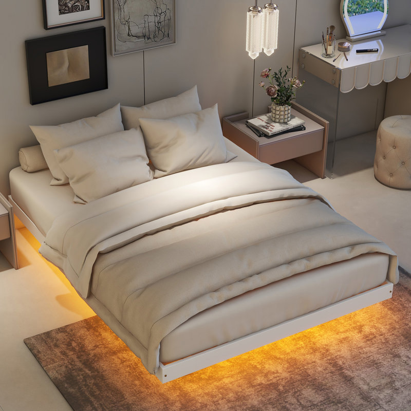 Lit flottant avec lumières DEL en dessous, lit plateforme moderne à profil bas avec lumières DEL, Lit double, Blanc