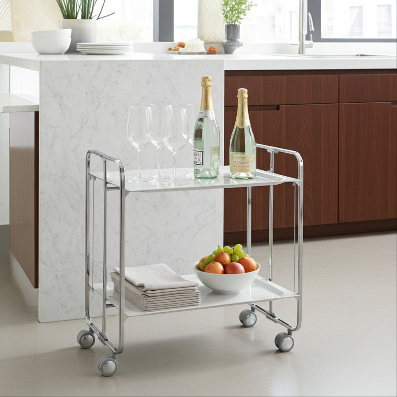 Mald Serving Cart, White, Chrome-plated
