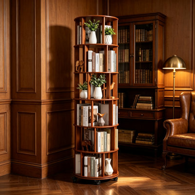 Bibliothèque rotative à 6 niveaux, tour de bibliothèque rotative en bois massif avec roulettes, bibliothèque rotative à 360 ° pour petits espaces, coin, chambre à coucher, salon, maison, bureau, noyer